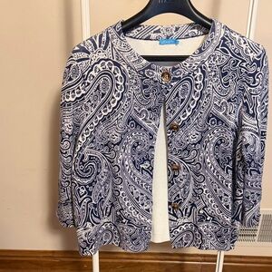 J McLaughlin blue and white paisley print cardigan cotton blend size medium